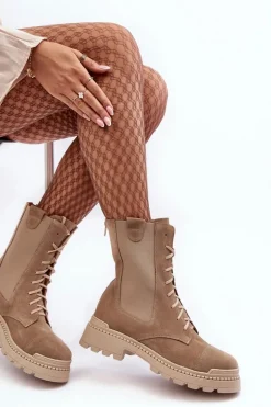 Zamszowe Damskie Botki Workery Sznurowane Beżowe Nicole 2836