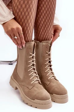 Zamszowe Damskie Botki Workery Sznurowane Beżowe Nicole 2836