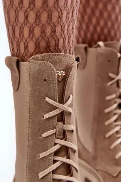 Zamszowe Damskie Botki Workery Sznurowane Beżowe Nicole 2836