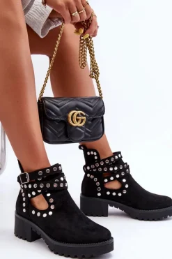 Zamszowe Damskie Botki Z Ozdobnymi Ćwiekami Czarne Bella