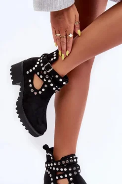 Zamszowe Damskie Botki Z Ozdobnymi Ćwiekami Czarne Bella