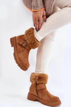 Zamszowe Damskie Botki Z Futerkiem Na Suwak Camel Conquer