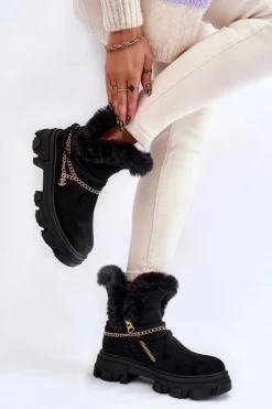 Zamszowe Damskie Botki Z Ozdobnym Łańcuchem Czarne Respecto