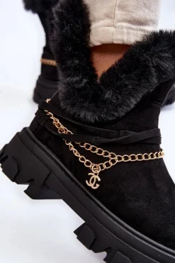 Zamszowe Damskie Botki Z Ozdobnym Łańcuchem Czarne Respecto