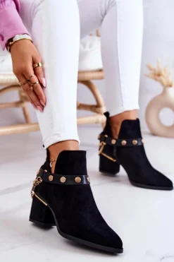 Zamszowe Damskie Botki Z Łańcuszkami Czarne Tracy