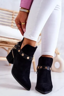 Zamszowe Damskie Botki Z Łańcuszkami Czarne Tracy
