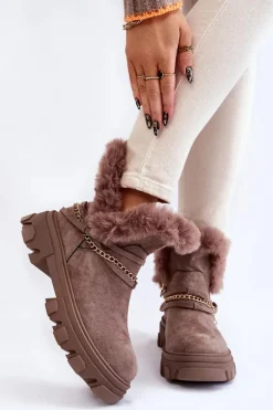 Zamszowe Damskie Botki Z Ozdobnym Łańcuchem Jasnobrązowe Respecto