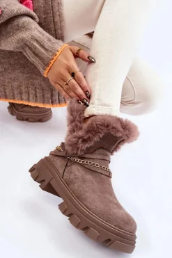 Zamszowe Damskie Botki Z Ozdobnym Łańcuchem Jasnobrązowe Respecto