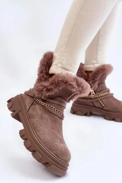 Zamszowe Damskie Botki Z Ozdobnym Łańcuchem Jasnobrązowe Respecto