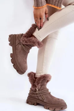 Zamszowe Damskie Botki Z Ozdobnym Łańcuchem Jasnobrązowe Respecto