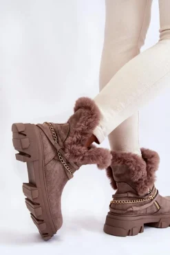 Zamszowe Damskie Botki Z Ozdobnym Łańcuchem Jasnobrązowe Respecto