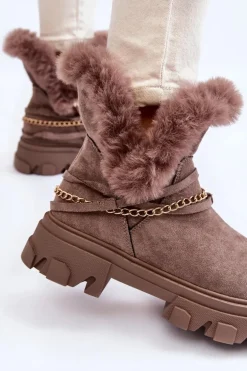 Zamszowe Damskie Botki Z Ozdobnym Łańcuchem Jasnobrązowe Respecto