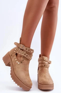 Zamszowe Damskie Botki Z Ozdobnymi Ćwiekami Beżowe Bella