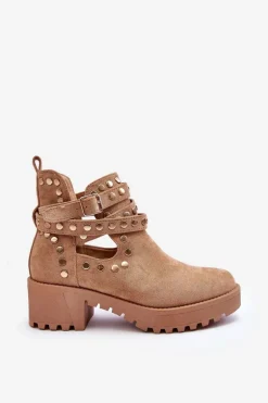 Zamszowe Damskie Botki Z Ozdobnymi Ćwiekami Beżowe Bella