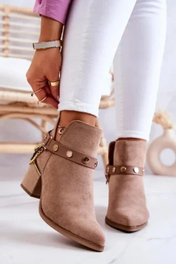 Zamszowe Damskie Botki Z Łańcuszkami Ciemnobeżowe Tracy