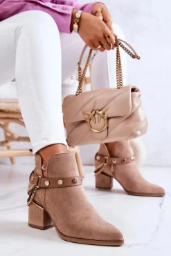 Zamszowe Damskie Botki Z Łańcuszkami Ciemnobeżowe Tracy
