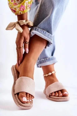 Zamszowe Damskie Klapki Beżowe Sunset