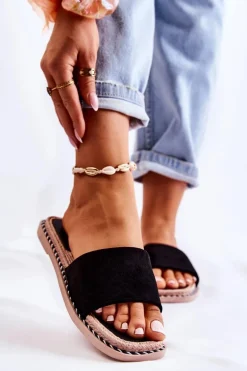 Zamszowe Damskie Klapki Czarne Sunset