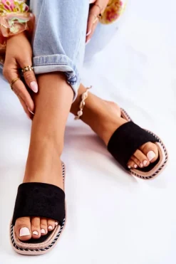 Zamszowe Damskie Klapki Czarne Sunset