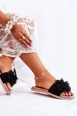 Zamszowe Damskie Klapki Z Ozdobą Czarne Giorgia