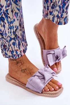 Zamszowe Damskie Klapki Z Kokardą Fioletowe Ambra