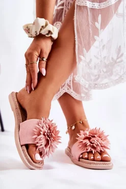 Zamszowe Damskie Klapki Z Ozdobą Różowe Giorgia