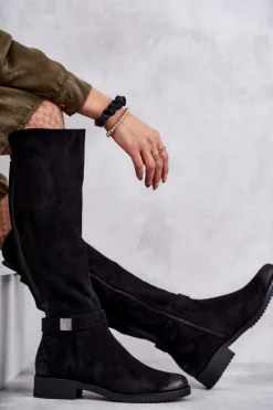 Zamszowe Damskie Kozaki Na Płaskim Obcasie Czarne Henrike