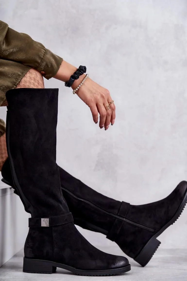 Zamszowe Damskie Kozaki Na Płaskim Obcasie Czarne Henrike