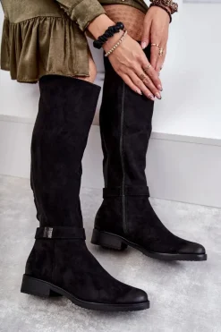 Zamszowe Damskie Kozaki Na Płaskim Obcasie Czarne Henrike