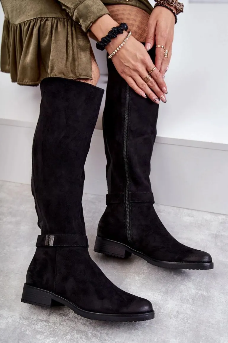 Zamszowe Damskie Kozaki Na Płaskim Obcasie Czarne Henrike