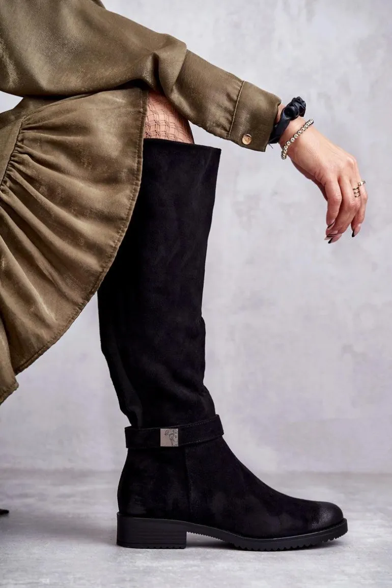Zamszowe Damskie Kozaki Na Płaskim Obcasie Czarne Henrike