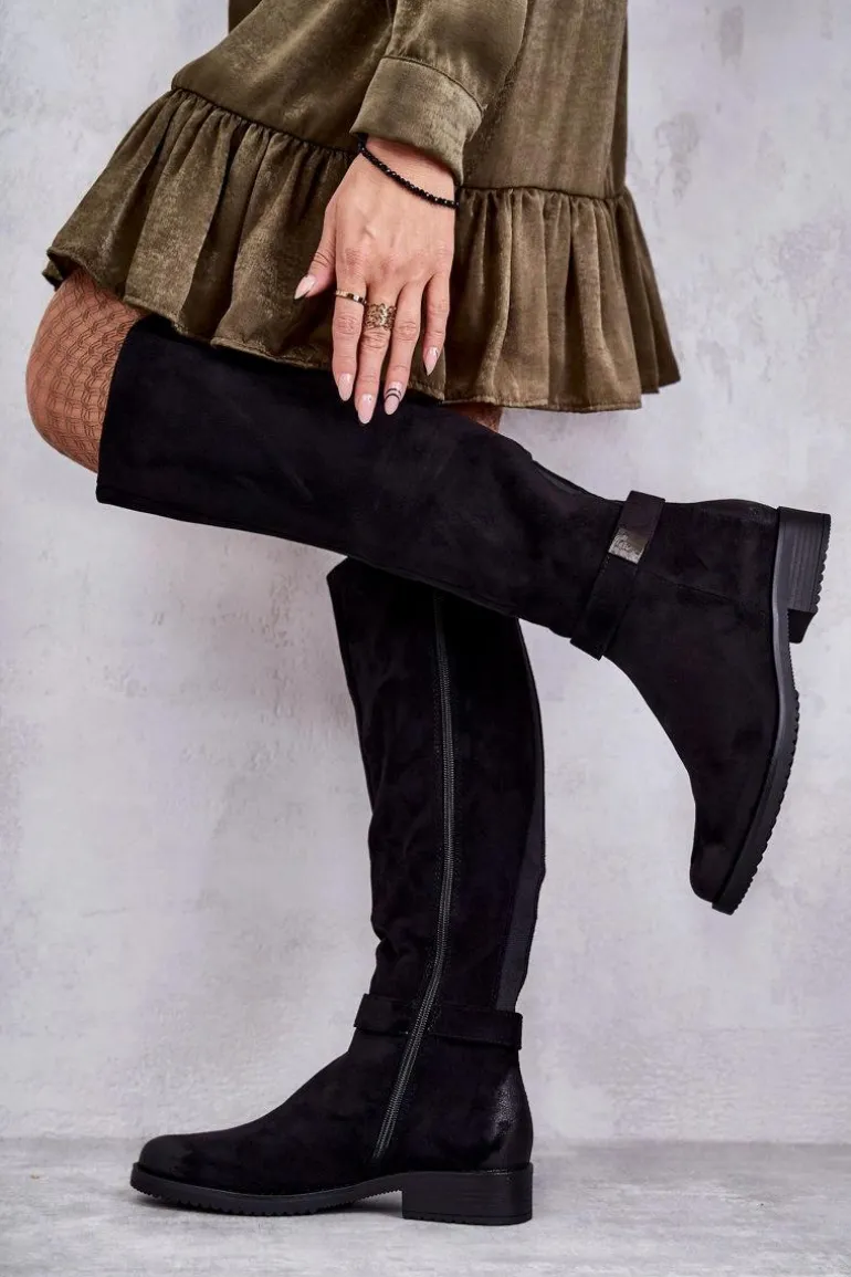 Zamszowe Damskie Kozaki Na Płaskim Obcasie Czarne Henrike