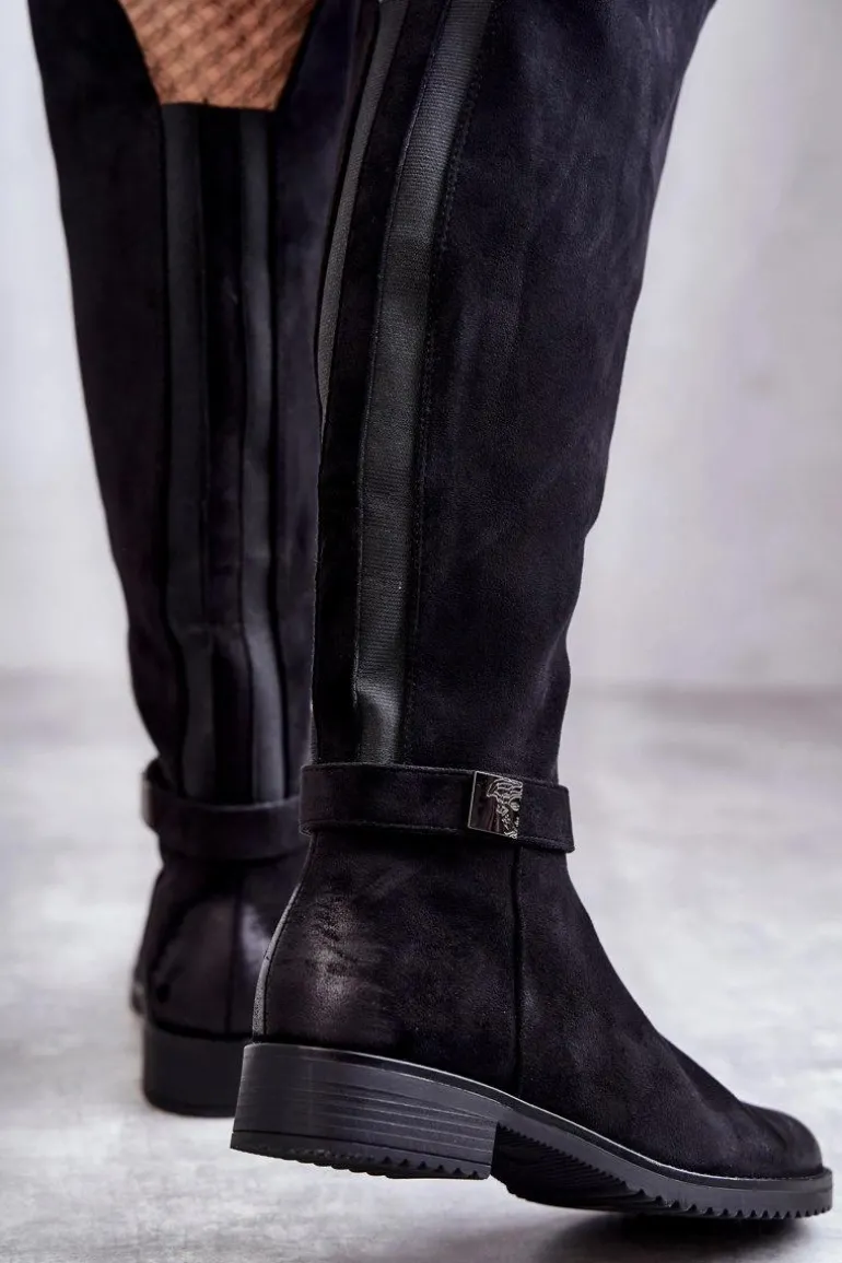 Zamszowe Damskie Kozaki Na Płaskim Obcasie Czarne Henrike