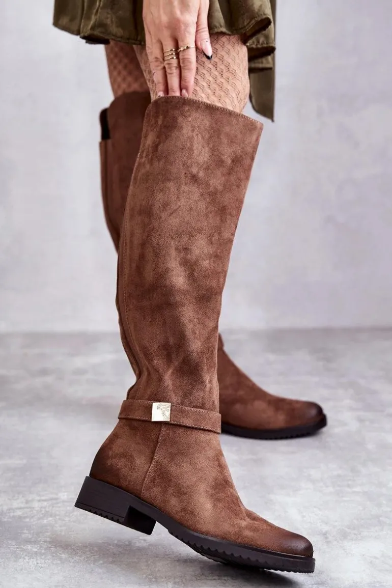 Zamszowe Damskie Kozaki Na Płaskim Obcasie Brązowe Henrike