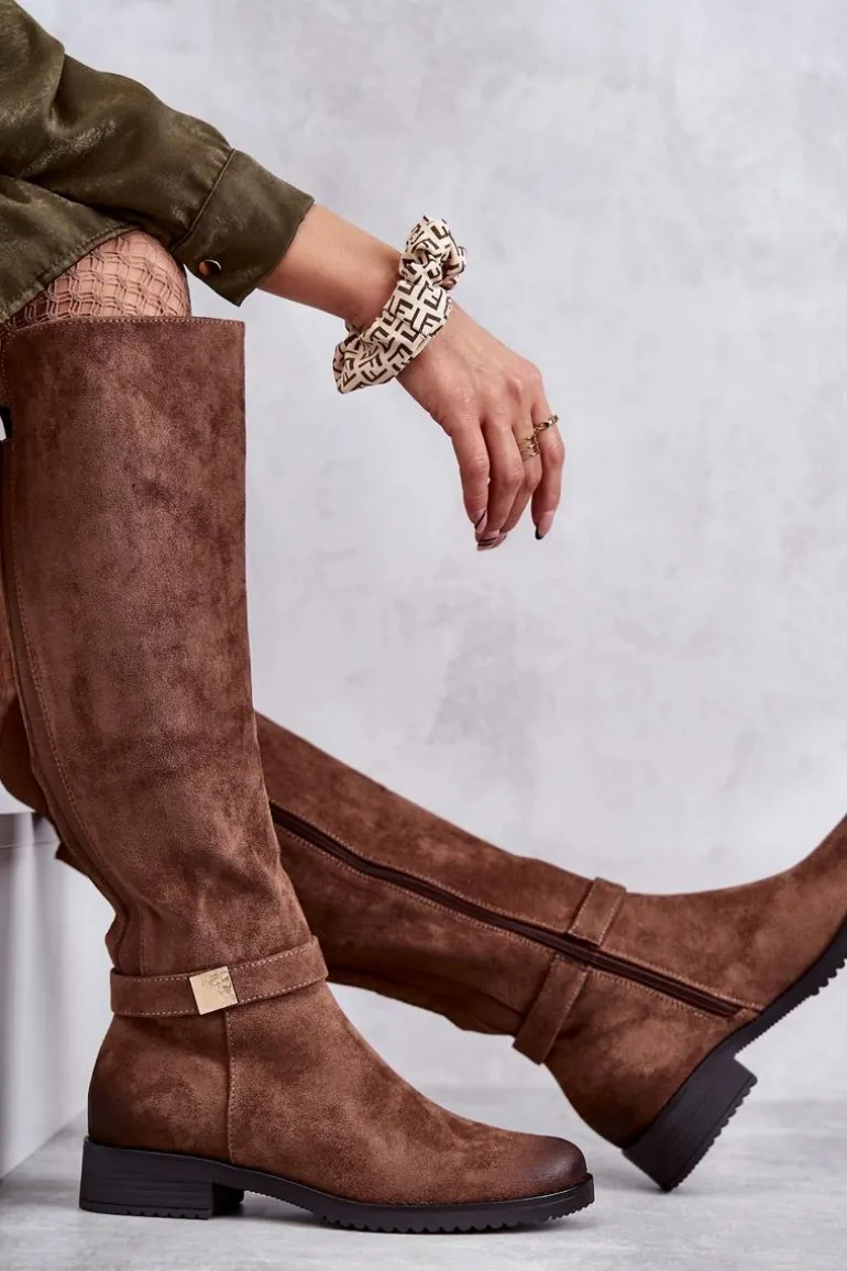 Zamszowe Damskie Kozaki Na Płaskim Obcasie Brązowe Henrike