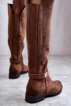 Zamszowe Damskie Kozaki Na Płaskim Obcasie Brązowe Henrike