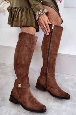 Zamszowe Damskie Kozaki Na Płaskim Obcasie Brązowe Henrike