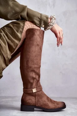 Zamszowe Damskie Kozaki Na Płaskim Obcasie Brązowe Henrike