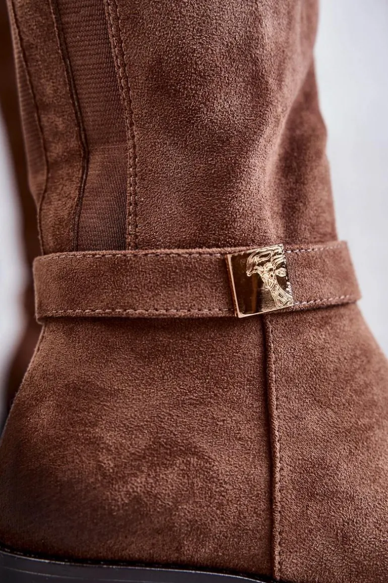 Zamszowe Damskie Kozaki Na Płaskim Obcasie Brązowe Henrike