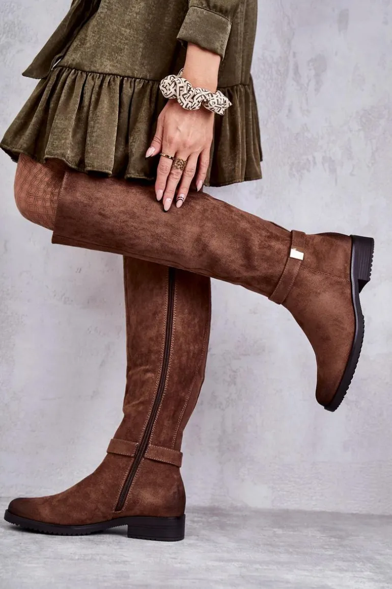 Zamszowe Damskie Kozaki Na Płaskim Obcasie Brązowe Henrike