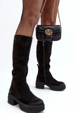 Zamszowe Damskie Kozaki Przed Kolano Lemar Czarne Malayah