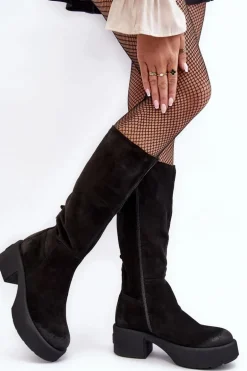 Zamszowe Damskie Kozaki Przed Kolano Lemar Czarne Malayah