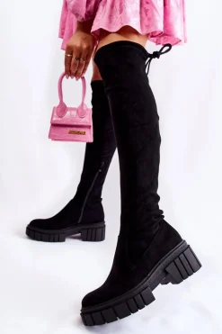 Zamszowe Damskie Kozaki Za Kolano Czarne Cheera