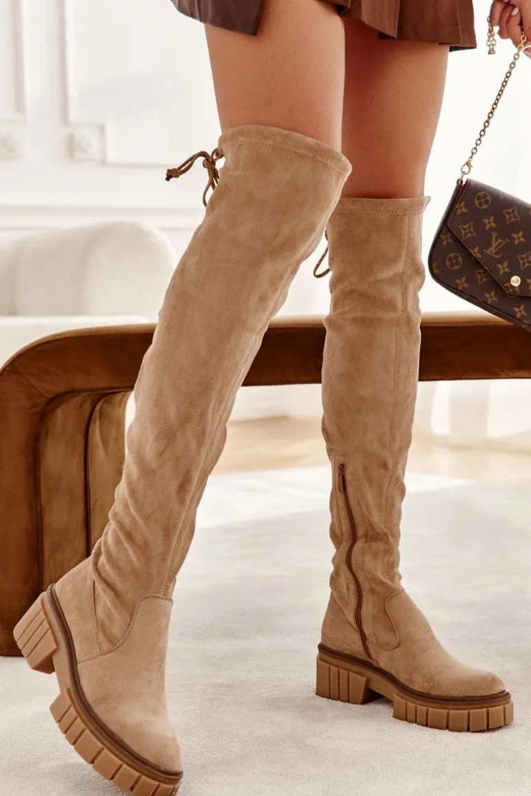 Zamszowe Damskie Kozaki Za Kolano Beżowe Cheera