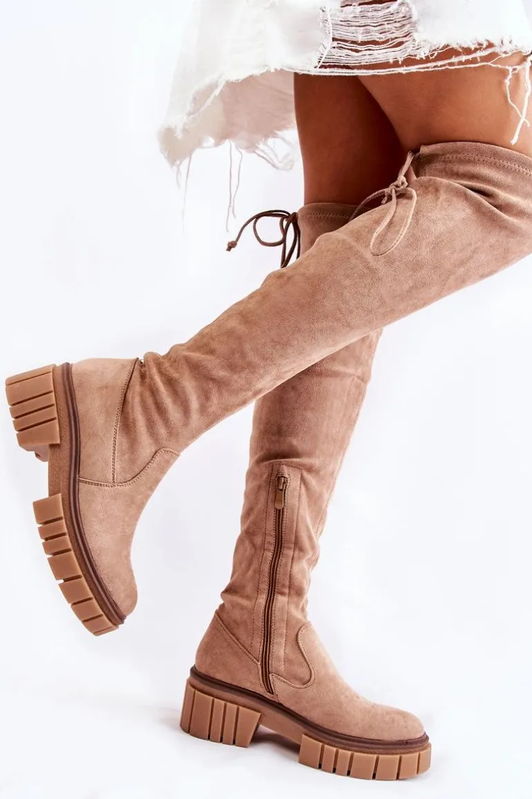 Zamszowe Damskie Kozaki Za Kolano Beżowe Cheera