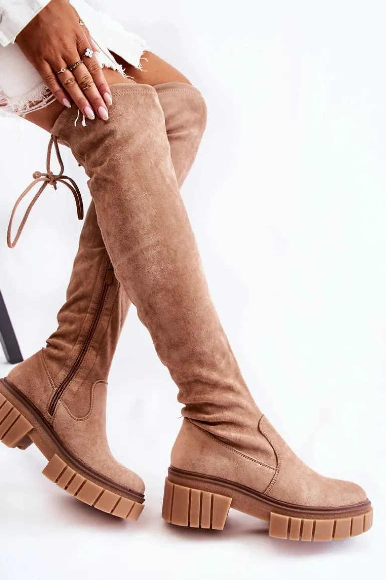 Zamszowe Damskie Kozaki Za Kolano Beżowe Cheera