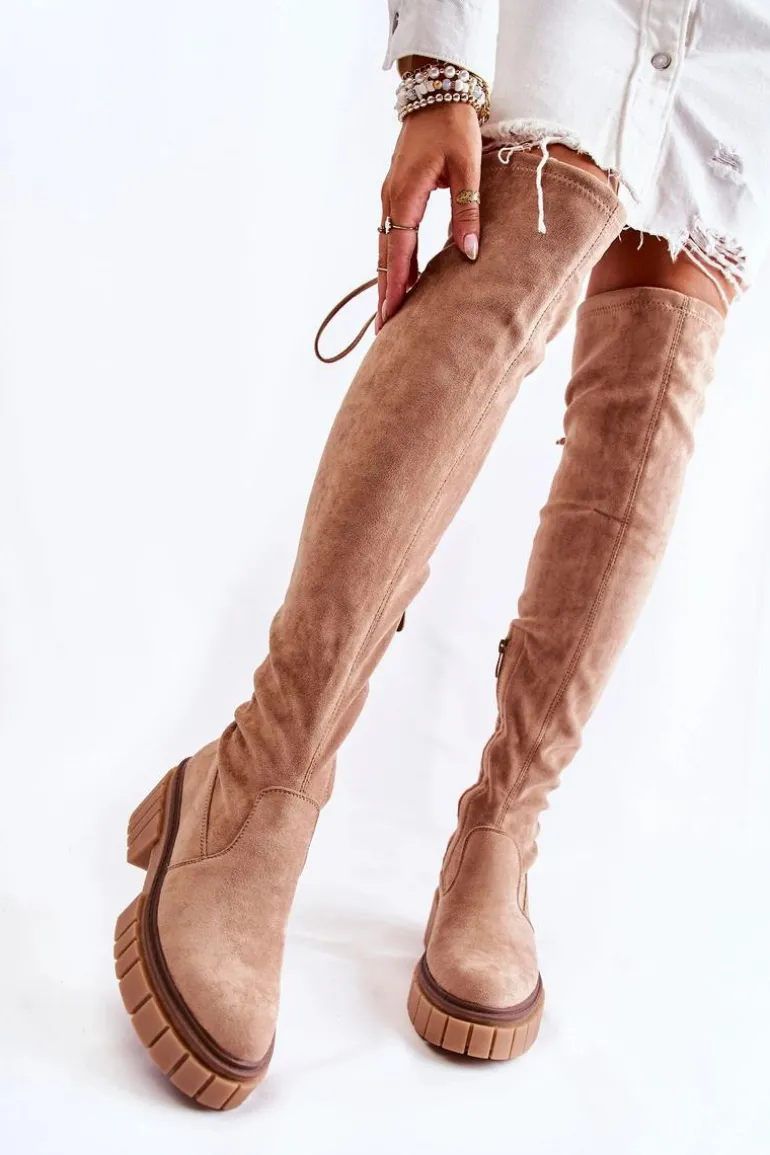 Zamszowe Damskie Kozaki Za Kolano Beżowe Cheera