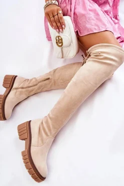 Zamszowe Damskie Kozaki Za Kolano Jasnobeżowe Cheera
