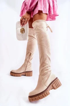 Zamszowe Damskie Kozaki Za Kolano Jasnobeżowe Cheera