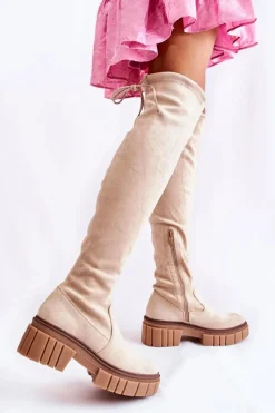 Zamszowe Damskie Kozaki Za Kolano Jasnobeżowe Cheera